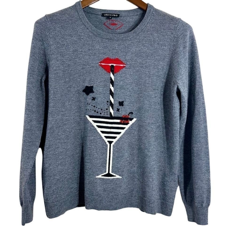Leo‎ & Ugo Paris Gray Wool Blend Martini Glass Lips Rhinestone Sweater Size 4 L